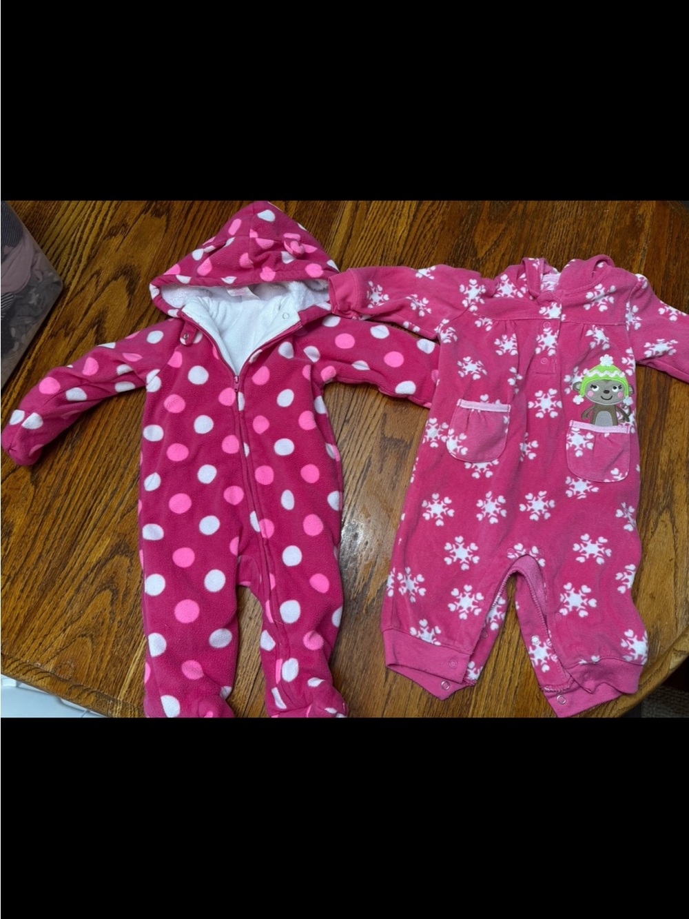 Girls' Pink Hooded One-Piece Fleece with Polka Dot and Snowflake Prints
